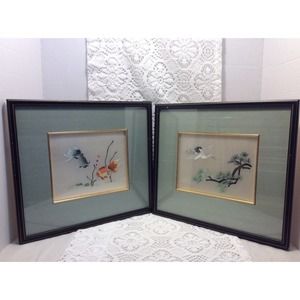 Pair Vintage Antique Asian Silk Embroidery Fish Bird Textile Framed Love
